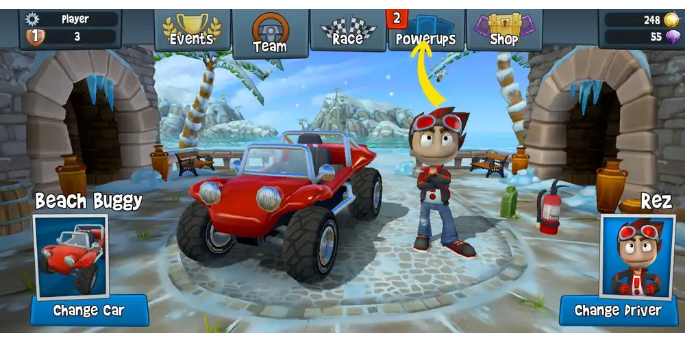 فتح جميع الشخصيات والمهارات الخاصة مجاناً فور تحميل Beach Buggy Racing مهكرة للأندرويد.