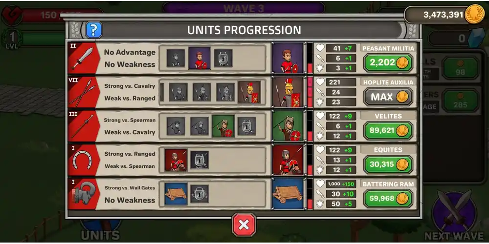 تطوير الأسلحة والجنود للمستوى الأقصى مجاناً بعد تحميل لعبة Grow Empire Rome للأندرويد.