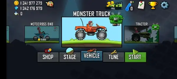 واجهة البداية بعد تحميل لعبة Hill Climb Racing مهكرة احدث اصدار 2026.