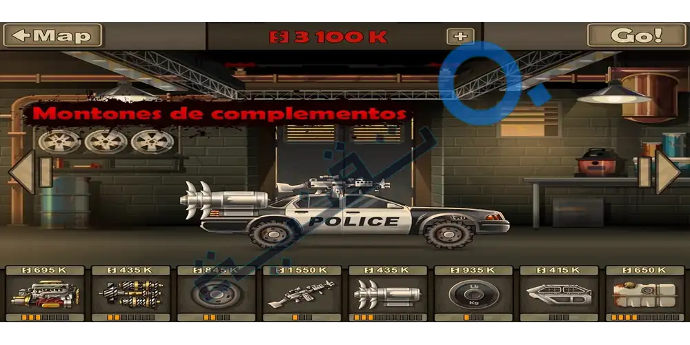 شاشة تعديل وتطوير السيارات في لعبة Earn to Die 2 لتغيير المحرك وإضافة الأسلحة
