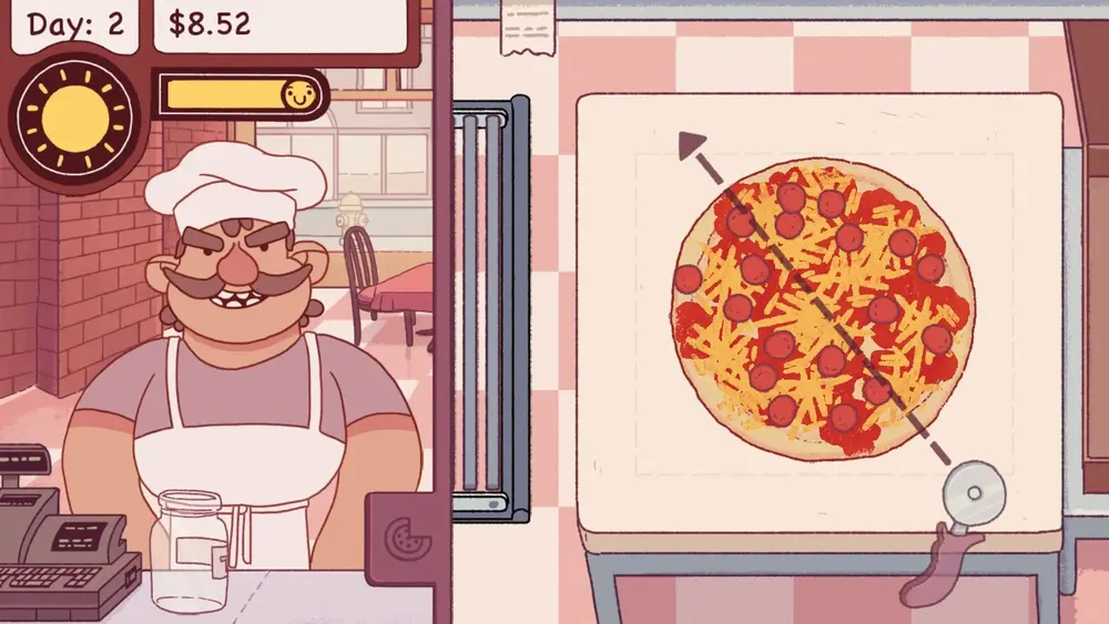 ميزة الأموال والجواهر غير المحدودة المتاحة لشراء ترقيات المحل مجاناً داخل لعبة good pizza مهكرة للأندرويد