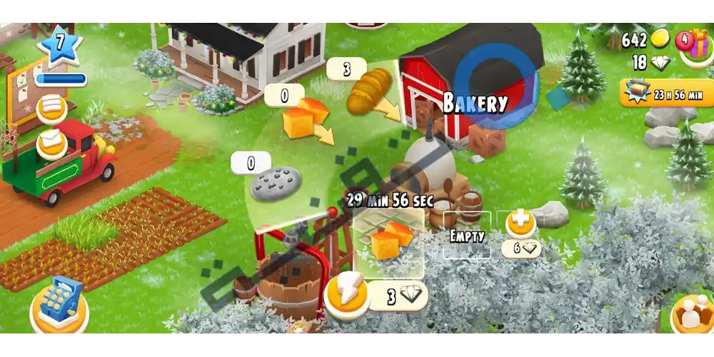 طريقة حصاد القمح والذرة بسلاسة عبر سحب الأدوات على الشاشة في لعبة Hay Day للهواتف.
