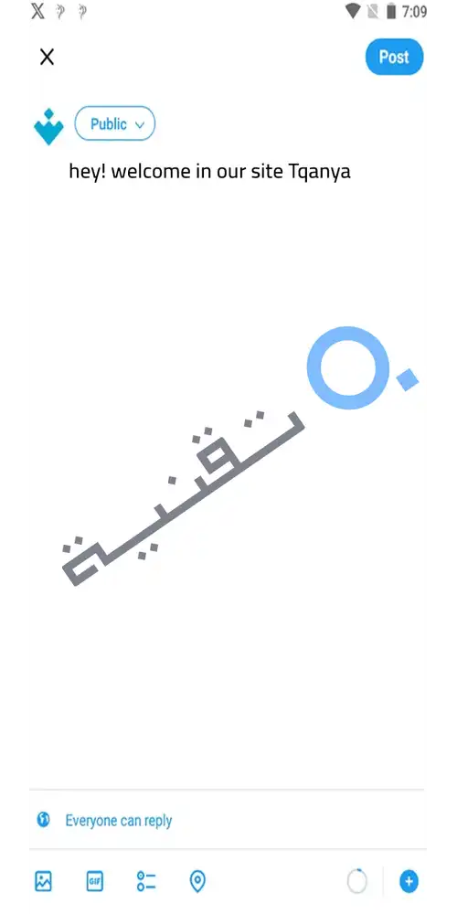 شاشة كتابة منشور جديد في تطبيق X على الأندرويد تظهر لوحة المفاتيح وخيارات إضافة الصور والرموز التعبيرية واستطلاعات الرأي.