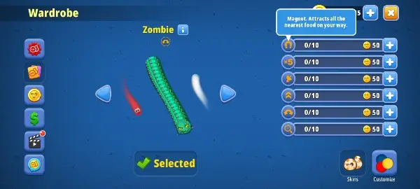 استعراض أشكال الجلود والملابس المفتوحة في نسخة Worms Zone مهكرة للأندرويد.