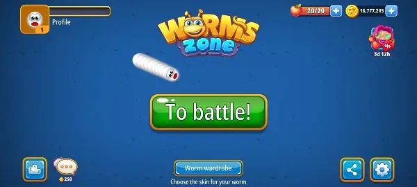 واجهة لعبة Worms Zone مهكرة للأندرويد تظهر الدودة العملاقة والألوان المبهجة.