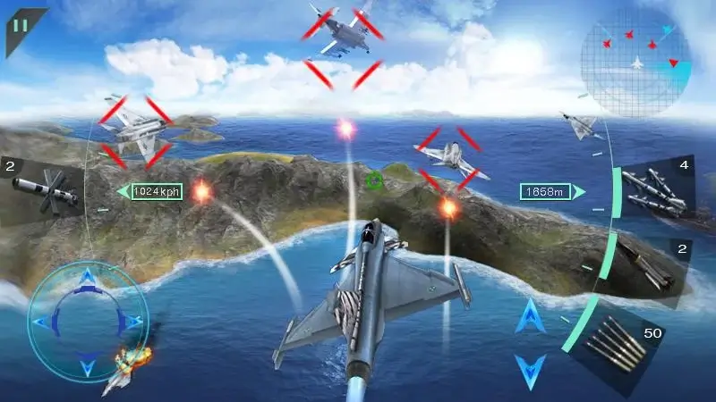 آلية التصويب التلقائي وإطلاق الصواريخ لتدمير مقاتلات الخصم في المعارك الجوية عبر تنزيل Sky Fighters 3D APK.