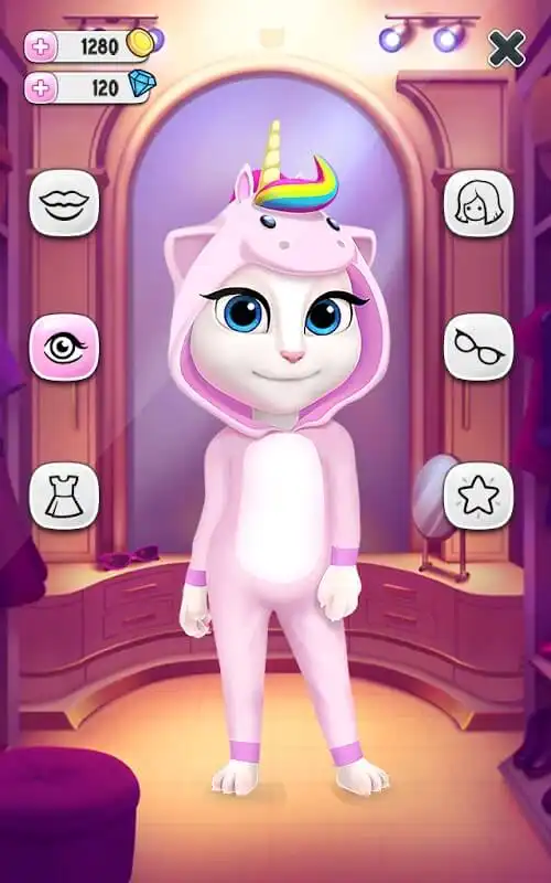 أدوات المكياج والتجميل المفتوحة بالكامل في لعبة My Talking Angela للاندرويد.